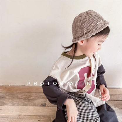 -キッズトップス 長袖Tシャツ パッチワーク レターロゴプリント 2カラー - mamahalo shop - 長袖Tシャツ -  べビー服 - 子供服 - 男の子 - 女の子
