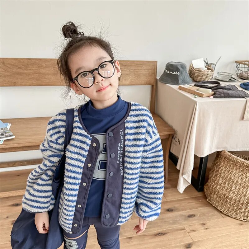 -キッズ フリースジャケット アウター ショートコート ボーダー グレー ブルー 2カラー ユニセックス 男の子 女の子 子供服 - mamahalo shop - ショートコート・ジャケット・ジャンパー -  べビー服 - 子供服 - 男の子 - 女の子