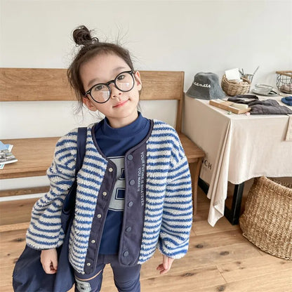 -キッズ フリースジャケット アウター ショートコート ボーダー グレー ブルー 2カラー ユニセックス 男の子 女の子 子供服 - mamahalo shop - ショートコート・ジャケット・ジャンパー -  べビー服 - 子供服 - 男の子 - 女の子