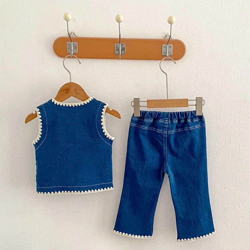 -ベビーキッズベスト/パンツ 縁取り前あきデニムベスト/デニムパンツジーンズ【mh0007034】 - mamahalo shop - ノースリーブセットアップ -  べビー服 - 子供服 - 男の子 - 女の子