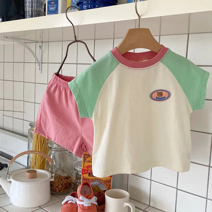 -ベビーセットアップ 2点セット パッチワーク 半袖Tシャツ+ショートパンツ 2カラー【mh0005945】 - mamahalo shop - 半袖セットアップ -  べビー服 - 子供服 - 男の子 - 女の子