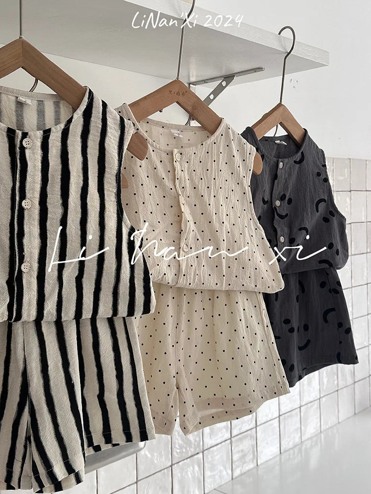 -キッズセットアップ 2点セット コットンリネン プリントノースリーブトップス+ショートパンツ 5柄 - mamahalo shop - ノースリーブセットアップ -  べビー服 - 子供服 - 男の子 - 女の子