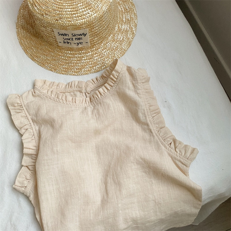 -キッズ フラワー 小花柄 無地 ラッフルフリル ノースリーブ ブラウス トップス アプリコットベージュ ホワイト ガールズ - mamahalo shop - タンクトップ・キャミソール・ノースリーブトップス -  べビー服 - 子供服 - 男の子 - 女の子