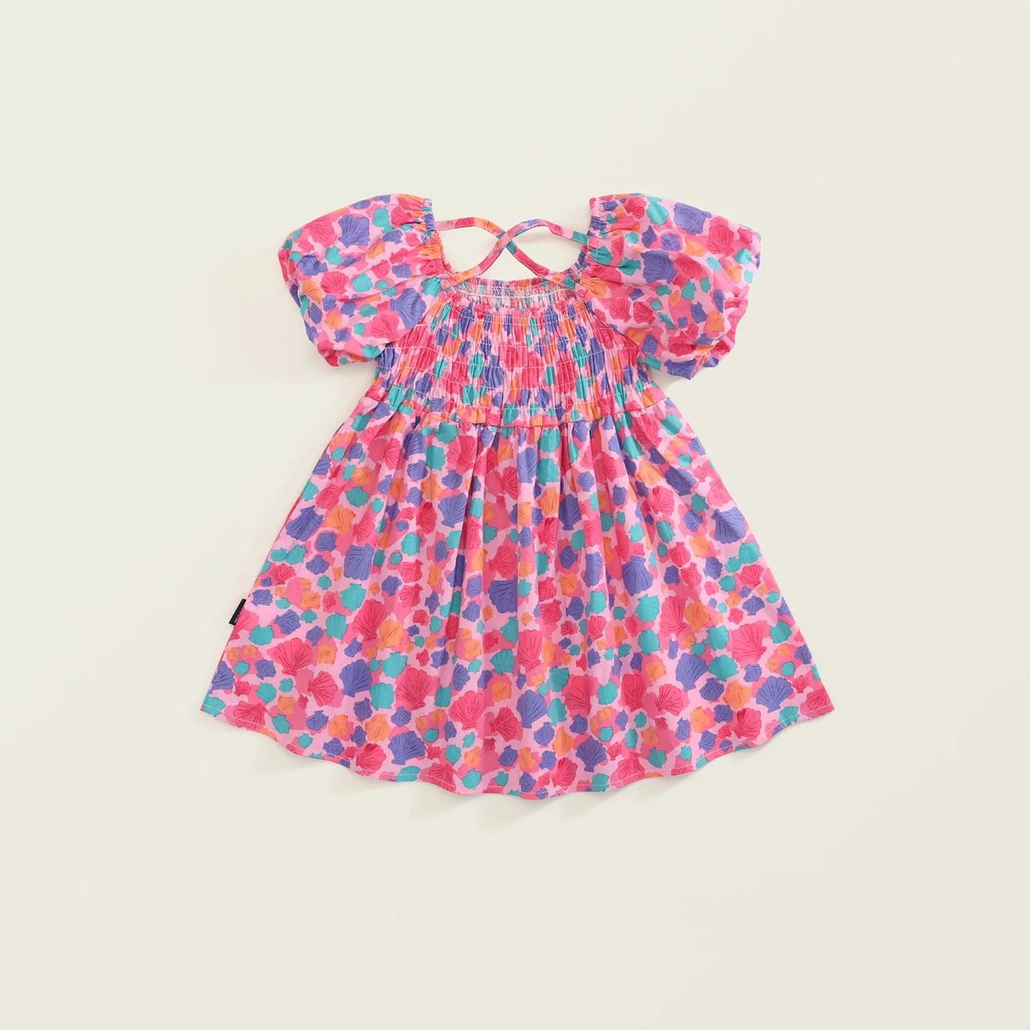 -キッズワンピース 半袖パフスリーブバッククロスワンピース カラフルシェル貝殻プリント【mh0005612】 - mamahalo shop - 半袖ワンピース -  べビー服 - 子供服 - 男の子 - 女の子