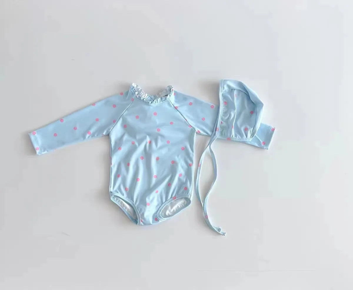 -ベビー水着 帽子セット 長袖ワンピース バックレースアップ ガールズ スイムウェア スイムキャップ 2カラー【mh0005128】 - mamahalo shop - ベビー用水着 -  べビー服 - 子供服 - 男の子 - 女の子