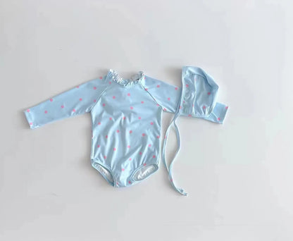 -ベビー水着 帽子セット 長袖ワンピース バックレースアップ ガールズ スイムウェア スイムキャップ 2カラー【mh0005128】 - mamahalo shop - ベビー用水着 -  べビー服 - 子供服 - 男の子 - 女の子