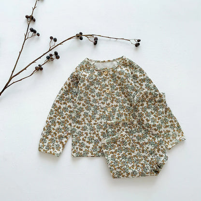 -キッズパジャマセット りんご 幾何学プリント柄 ワッフル 長袖ルームウェア【mh0003575】 - mamahalo shop - 長袖パジャマ -  べビー服 - 子供服 - 男の子 - 女の子