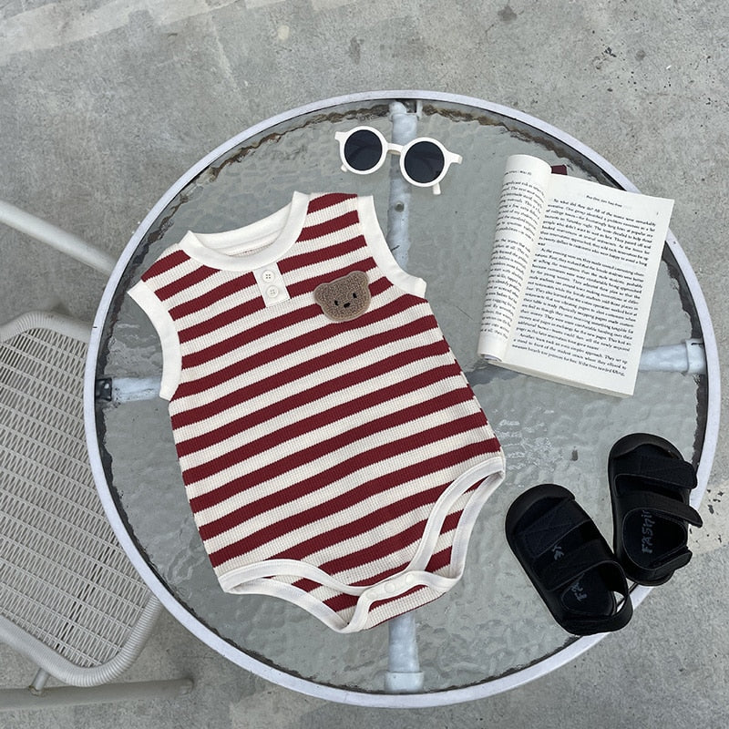 -ベビー ワッフル ボーダー くま ベア ワッペン ノースリーブ ロンパース 4カラー ユニセックス【mh0002070】 - mamahalo shop - ノースリーブロンパース -  べビー服 - 子供服 - 男の子 - 女の子