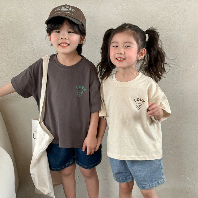 キッズトップス 半袖Tシャツ ハートLOVEワンポイントロゴ 2カラー - mamahalo shop - 半袖Tシャツ - ベビー服 - 子供服 - 男の子 - 女の子