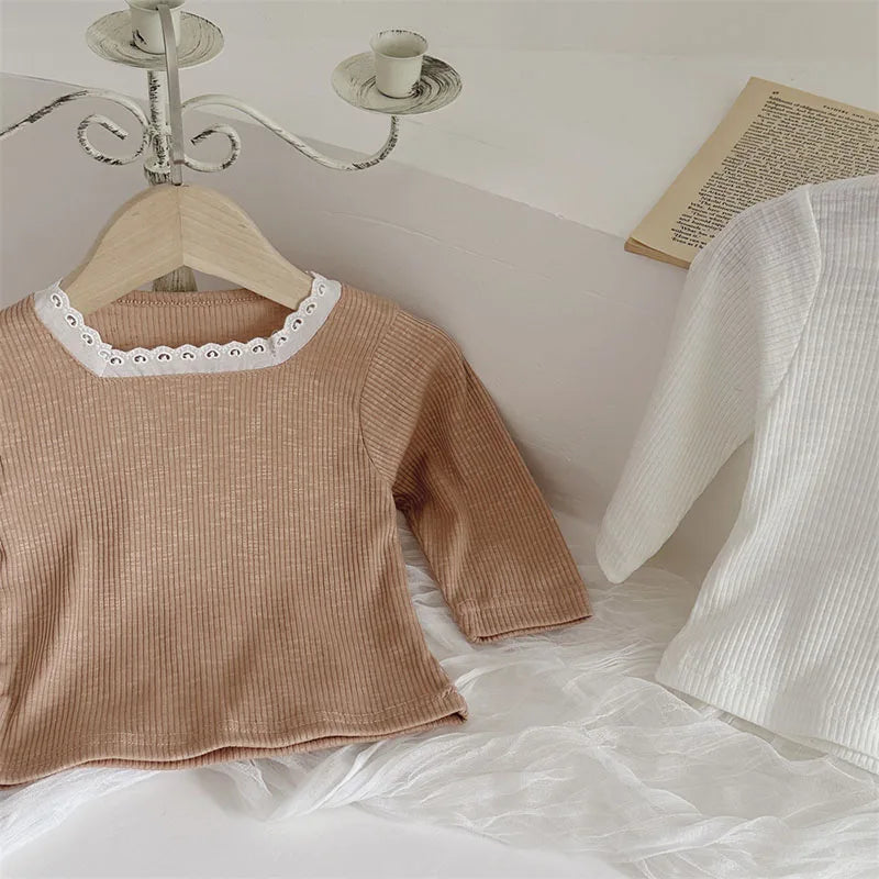 -ベビートップス レーススクエアネック長袖Tシャツカットソー 2カラー【mh0006948】 - mamahalo shop - 長袖Tシャツ -  べビー服 - 子供服 - 男の子 - 女の子