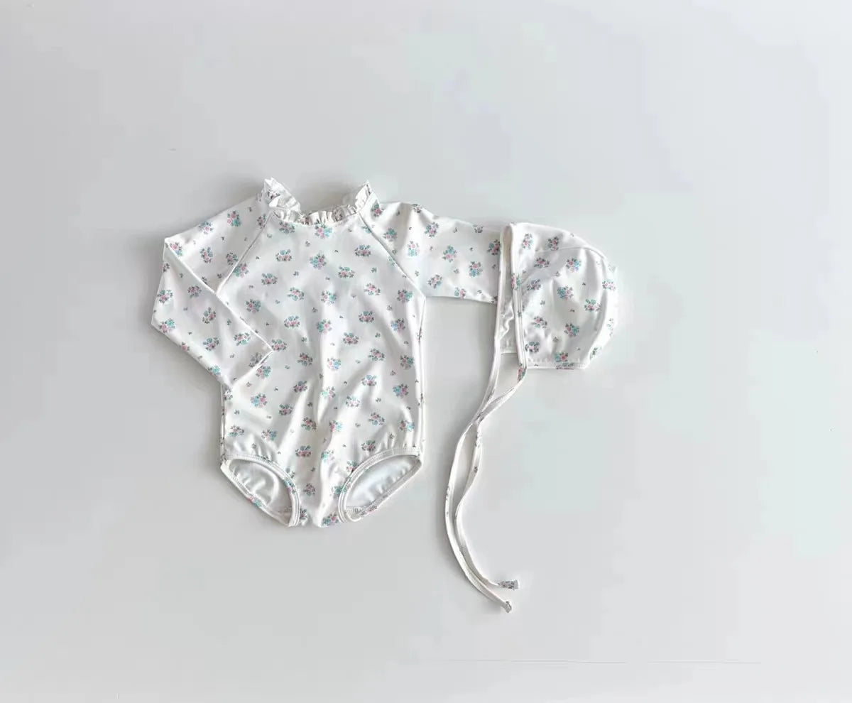 -ベビー水着 帽子セット 長袖ワンピース バックレースアップ ガールズ スイムウェア スイムキャップ 2カラー【mh0005128】 - mamahalo shop - ベビー用水着 -  べビー服 - 子供服 - 男の子 - 女の子