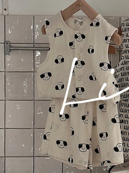 -キッズセットアップ 2点セット コットンリネン プリントノースリーブトップス+ショートパンツ 5柄 - mamahalo shop - ノースリーブセットアップ -  べビー服 - 子供服 - 男の子 - 女の子