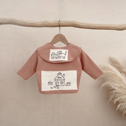 -ベビーカーディガン ニットジャケット お絵描き 猫 家 パッチワーク ビッグラペルカラー ピンク【mh0006355】 - mamahalo shop - カーディガン・パーカー -  べビー服 - 子供服 - 男の子 - 女の子