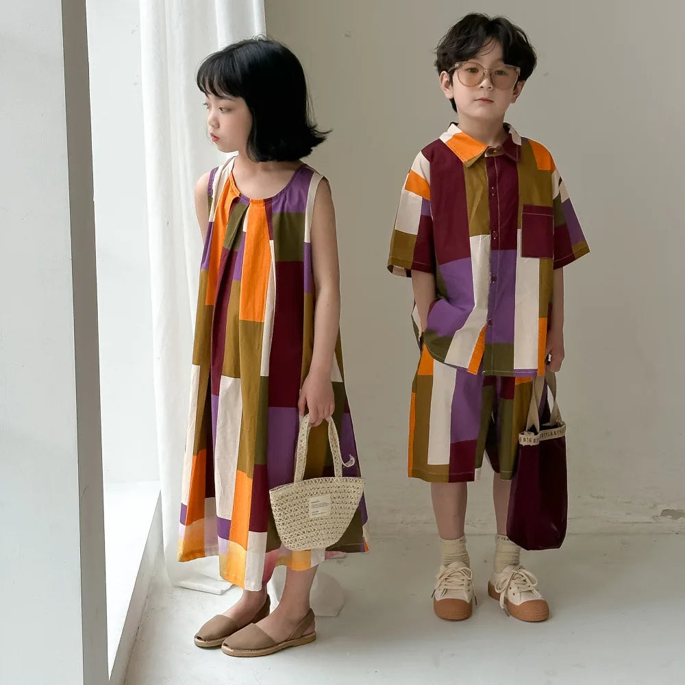 -キッズセットアップ 2点セット/ワンピース ボーイズ半袖シャツ+ショートパンツ/ガールズノースリーブワンピース 幾何学チェック リンクコーデ 兄弟姉妹 お揃いコーデ - mamahalo shop - 半袖セットアップ -  べビー服 - 子供服 - 男の子 - 女の子