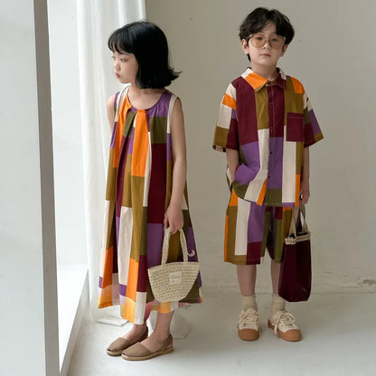 -キッズセットアップ 2点セット/ワンピース ボーイズ半袖シャツ+ショートパンツ/ガールズノースリーブワンピース 幾何学チェック リンクコーデ 兄弟姉妹 お揃いコーデ - mamahalo shop - 半袖セットアップ -  べビー服 - 子供服 - 男の子 - 女の子