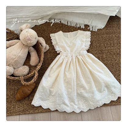 -キッズワンピース レース刺繍フリル エプロンドレス ノースリーブワンピース ベージュ - mamahalo shop - ノースリーブワンピース -  べビー服 - 子供服 - 男の子 - 女の子