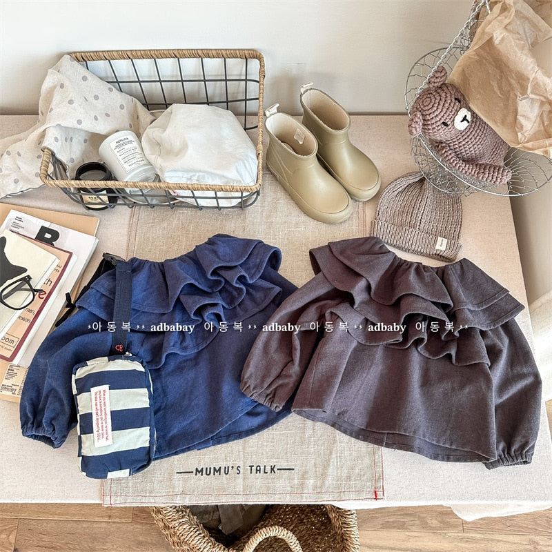 -キッズ ラッフルフリル ビッグカラー 長袖 スモック チュニック ブラウス トップス ガールズ - mamahalo shop - 長袖シャツ・ブラウス -  べビー服 - 子供服 - 男の子 - 女の子
