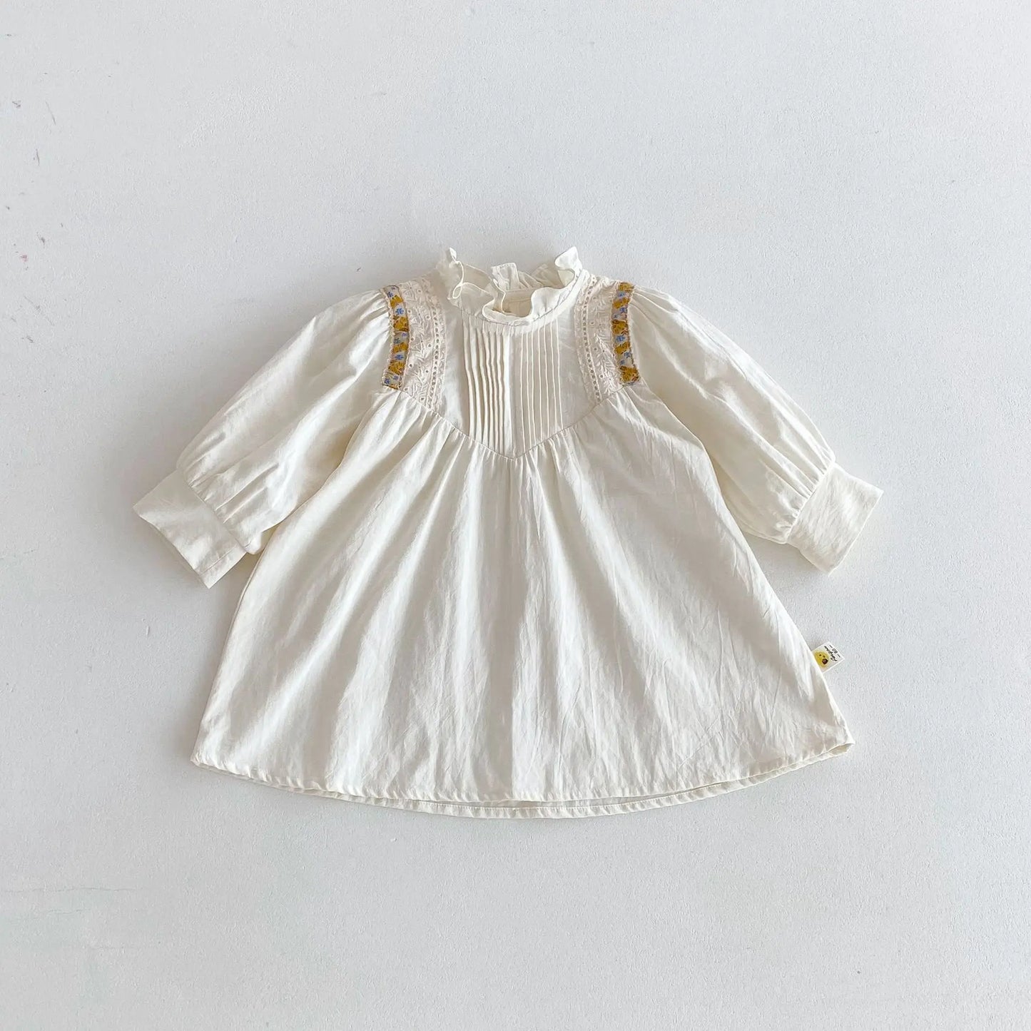 -キッズワンピース フリルスタンドカラーショルダーチロリアン刺繍長袖ドレスワンピース アプリコット - mamahalo shop - 長袖ワンピース -  べビー服 - 子供服 - 男の子 - 女の子