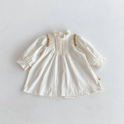 -キッズワンピース フリルスタンドカラーショルダーチロリアン刺繍長袖ドレスワンピース アプリコット - mamahalo shop - 長袖ワンピース -  べビー服 - 子供服 - 男の子 - 女の子