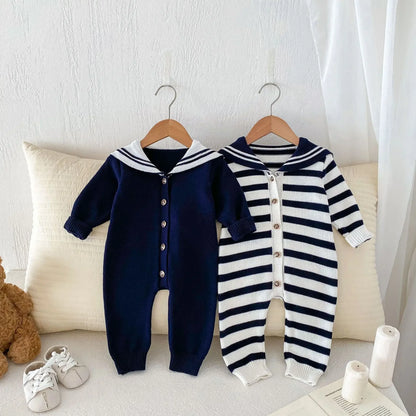 -ベビージャンプスーツ セーラーカラーマリンスタイルニット長袖ロンパース 無地/ボーダー【mh0007429】 - mamahalo shop - 長袖ジャンプスーツ -  べビー服 - 子供服 - 男の子 - 女の子
