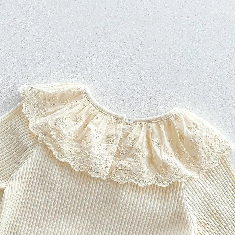 -ベビーロンパース 長袖ボディスーツ レースフリル襟 ベージュ【mh0003696】 - mamahalo shop - 長袖ロンパース -  べビー服 - 子供服 - 男の子 - 女の子