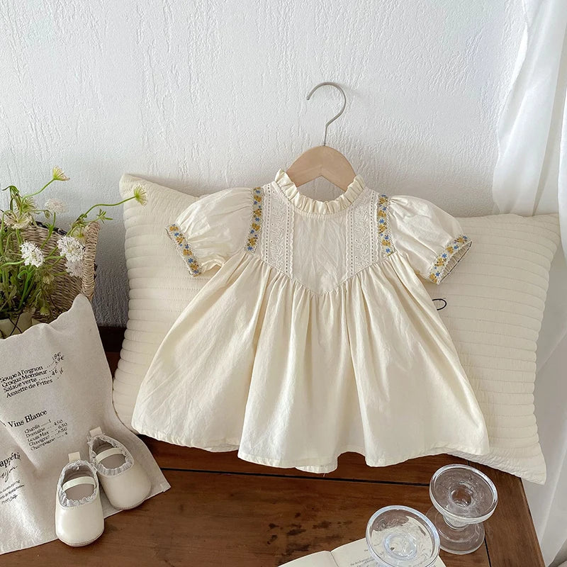 -キッズワンピース 半袖パフスリーブドレスワンピース チロリアン ベージュ - mamahalo shop - 半袖ワンピース -  べビー服 - 子供服 - 男の子 - 女の子