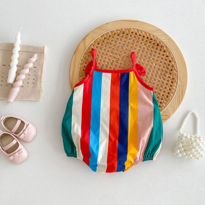 -ベビーロンパース カラフルストライプ キャミソールボディスーツ リボン【mh0006551】 - mamahalo shop - ノースリーブロンパース -  べビー服 - 子供服 - 男の子 - 女の子