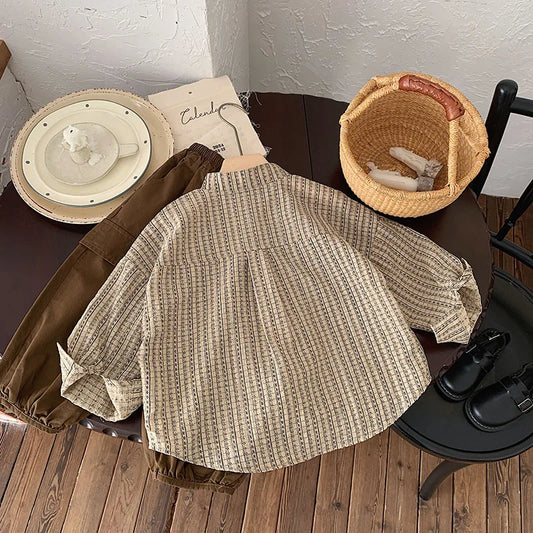 -キッズトップス 長袖シャツ ノーカラードレスシャツ 幾何学ストライププリント【mh0004221】 - mamahalo shop - 長袖シャツ・ブラウス -  べビー服 - 子供服 - 男の子 - 女の子