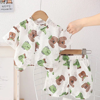 -キッズセットアップ 2点セット 半袖シャツ+ショートパンツ 犬ドッグプリント 2カラー【mh0006170】 - mamahalo shop - 半袖セットアップ -  べビー服 - 子供服 - 男の子 - 女の子