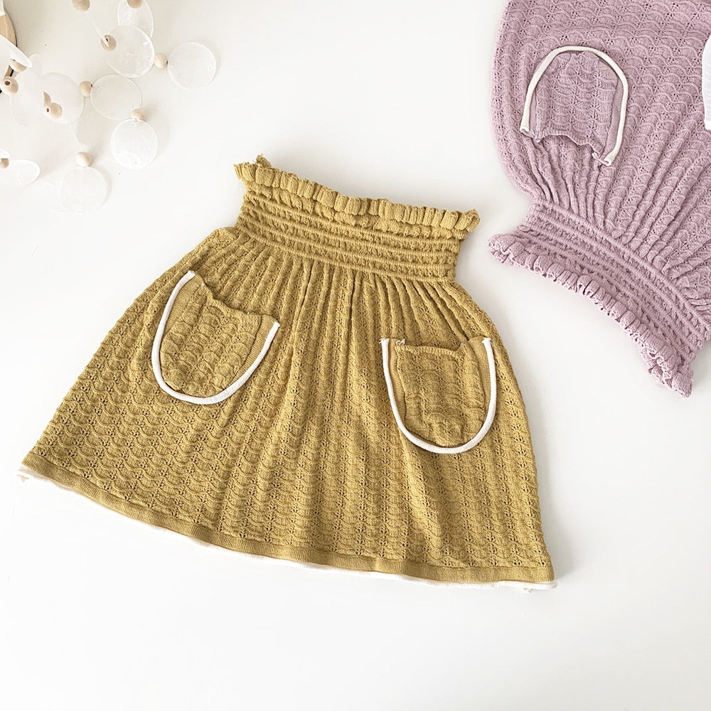 -キッズ サマー レースニット ポケット スカート ピンク マスタードイエロー ガールズ【mh0002017】 - mamahalo shop - スカート -  べビー服 - 子供服 - 男の子 - 女の子