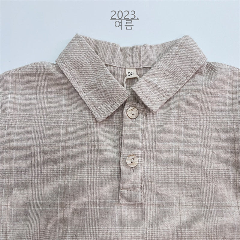 -キッズ グレンチェック セットアップ 半袖 シャツ ショートパンツ ベージュ ダークグレー ボーイズ - mamahalo shop - 半袖セットアップ -  べビー服 - 子供服 - 男の子 - 女の子