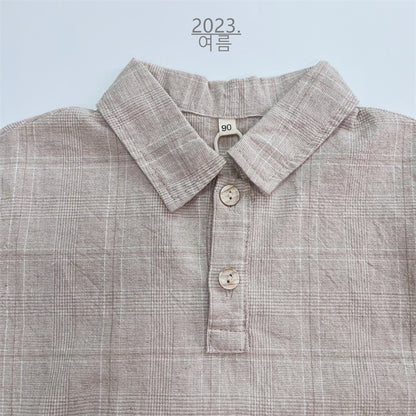 -キッズ グレンチェック セットアップ 半袖 シャツ ショートパンツ ベージュ ダークグレー ボーイズ - mamahalo shop - 半袖セットアップ -  べビー服 - 子供服 - 男の子 - 女の子