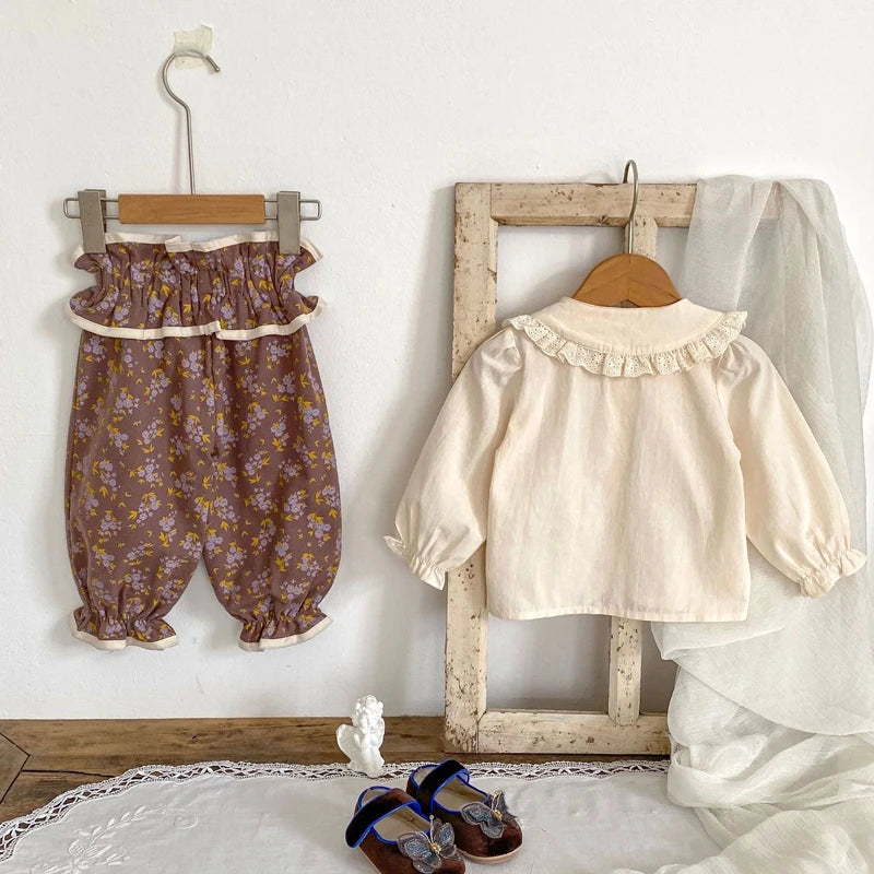 -ベビートップス/パンツ フリル襟長袖ブラウス/フリルウエストフラワープリントロングパフパンツ【mh0006988】 - mamahalo shop - 長袖セットアップ -  べビー服 - 子供服 - 男の子 - 女の子