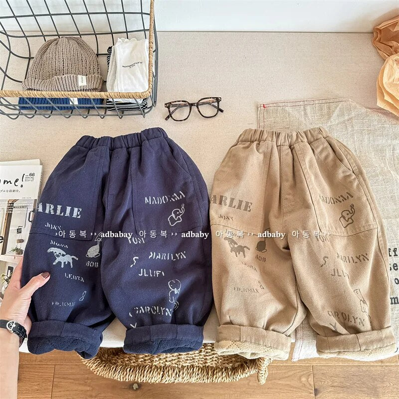 -キッズパンツ 裏フリース アニマルプリント ロングパンツ 暖パン カーキ ブルー 2カラー ボーイズ 男の子 子供服 - mamahalo shop - ロングパンツ・スウェットパンツ -  べビー服 - 子供服 - 男の子 - 女の子