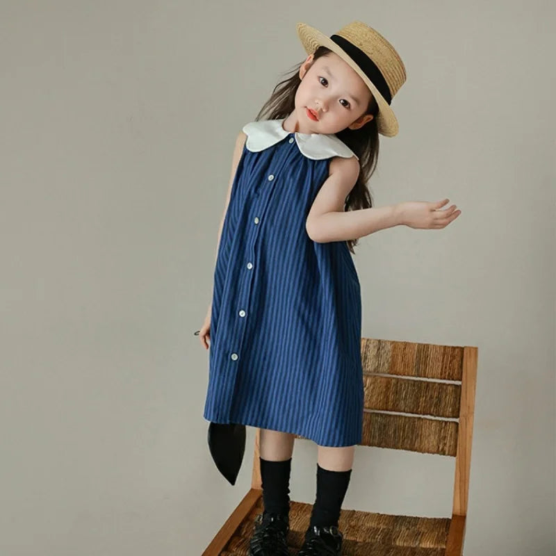 -キッズワンピース 襟付きストライプ ノースリーブワンピース ブルー【mh0005957】 - mamahalo shop - ノースリーブワンピース -  べビー服 - 子供服 - 男の子 - 女の子