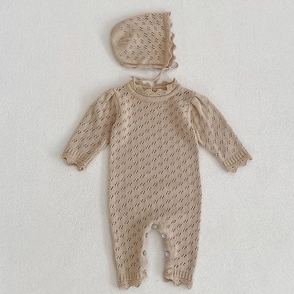 -ベビーロンパース ボンネットセット レースニット 長袖ジャンプスーツ 帽子セット ベージュ【mh0006226】 - mamahalo shop - 長袖ロンパース -  べビー服 - 子供服 - 男の子 - 女の子