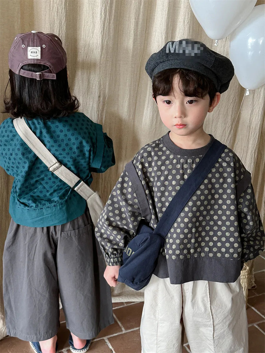 -キッズトップス 長袖ショルダードッキングTシャツ 水玉ドットプリント レイクブルー/グレー/2カラー - mamahalo shop - 長袖Tシャツ -  べビー服 - 子供服 - 男の子 - 女の子