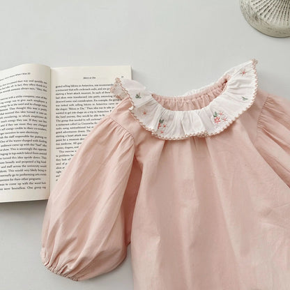 -ベビーロンパース フリルサークル襟 長袖ボディスーツ フラワー花柄刺繍 ピンク【mh0004626】 - mamahalo shop - 長袖ロンパース -  べビー服 - 子供服 - 男の子 - 女の子