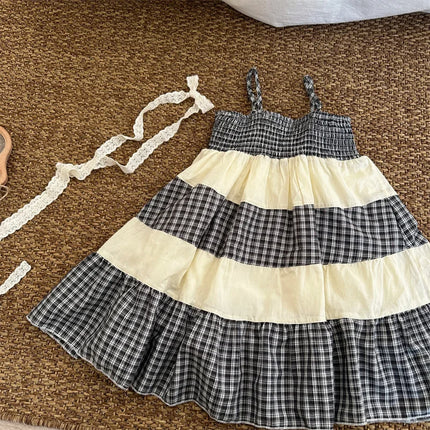 キッズワンピース キャミソールドレス チェックボーダー フリルスカート - mamahalo shop - ノースリーブワンピース - ベビー服 - 子供服 - 男の子 - 女の子