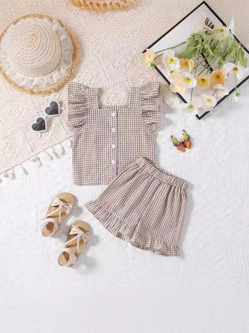 -ベビーセットアップ 2点セット フリルスリーブブラウス+ショートパンツ チェック 2カラー【mh0005857】 - mamahalo shop - 半袖セットアップ -  べビー服 - 子供服 - 男の子 - 女の子