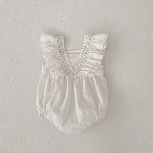 -ベビー レース フリル Vネックデザイン ノースリーブ ロンパース ベージュ ガールズ 5977B - mamahalo shop - ノースリーブロンパース -  べビー服 - 子供服 - 男の子 - 女の子