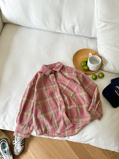 -キッズトップス レトロチェック長袖シャツ ピンク - mamahalo shop - 長袖シャツ・ブラウス -  べビー服 - 子供服 - 男の子 - 女の子