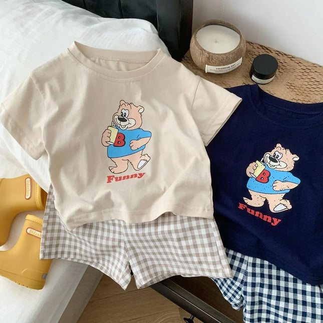 ☺︎ ベビーキッズセットアップ 2点セット 半袖プリントTシャツ+チェックショートパンツ ベアくまプリント 2カラー - mamahalo shop - 半袖セットアップ -  べビー服 - 子供服 - 男の子 - 女の子