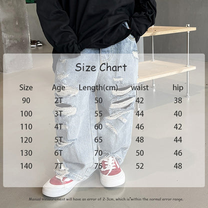 -キッズ ダメージ加工 デニム ルーズ ワイド パンツ ジーンズ ジーパン ボーイズ - mamahalo shop - デニムパンツ -  べビー服 - 子供服 - 男の子 - 女の子