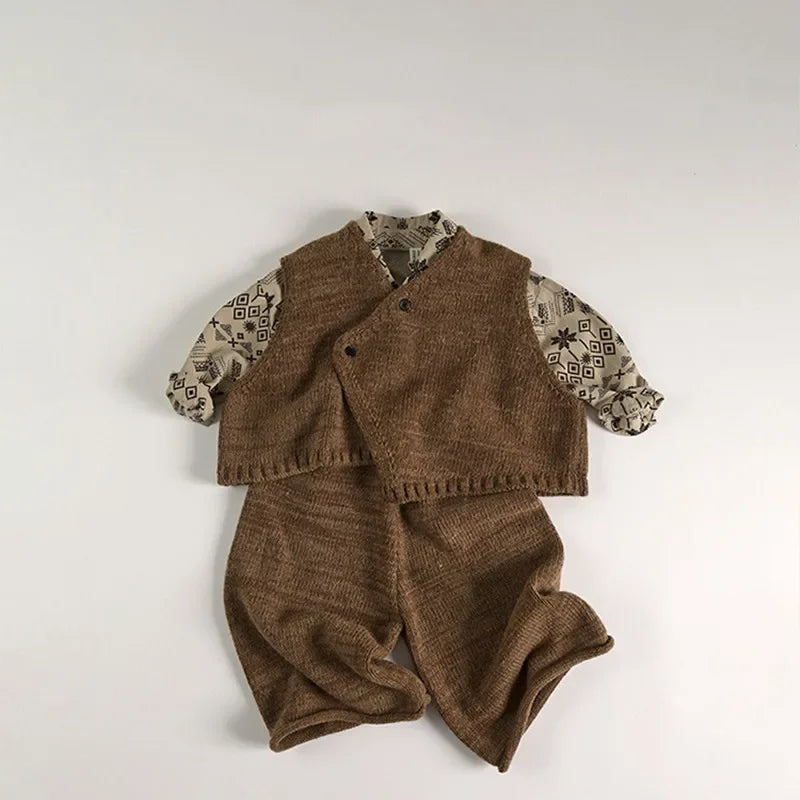 -キッズベスト/パンツ アシメボタンニットベスト/ニットワイドパンツ 2カラー - mamahalo shop - ノースリーブセットアップ -  べビー服 - 子供服 - 男の子 - 女の子