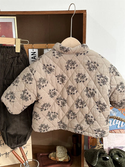 -キッズアウター 花柄フラワープリント 裏ボアフリースキルティングジャケット  ダッフルコート - mamahalo shop - ショートコート・ジャケット・ジャンパー -  べビー服 - 子供服 - 男の子 - 女の子