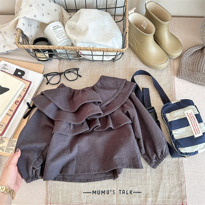 -キッズ ラッフルフリル ビッグカラー 長袖 スモック チュニック ブラウス トップス ガールズ - mamahalo shop - 長袖シャツ・ブラウス -  べビー服 - 子供服 - 男の子 - 女の子