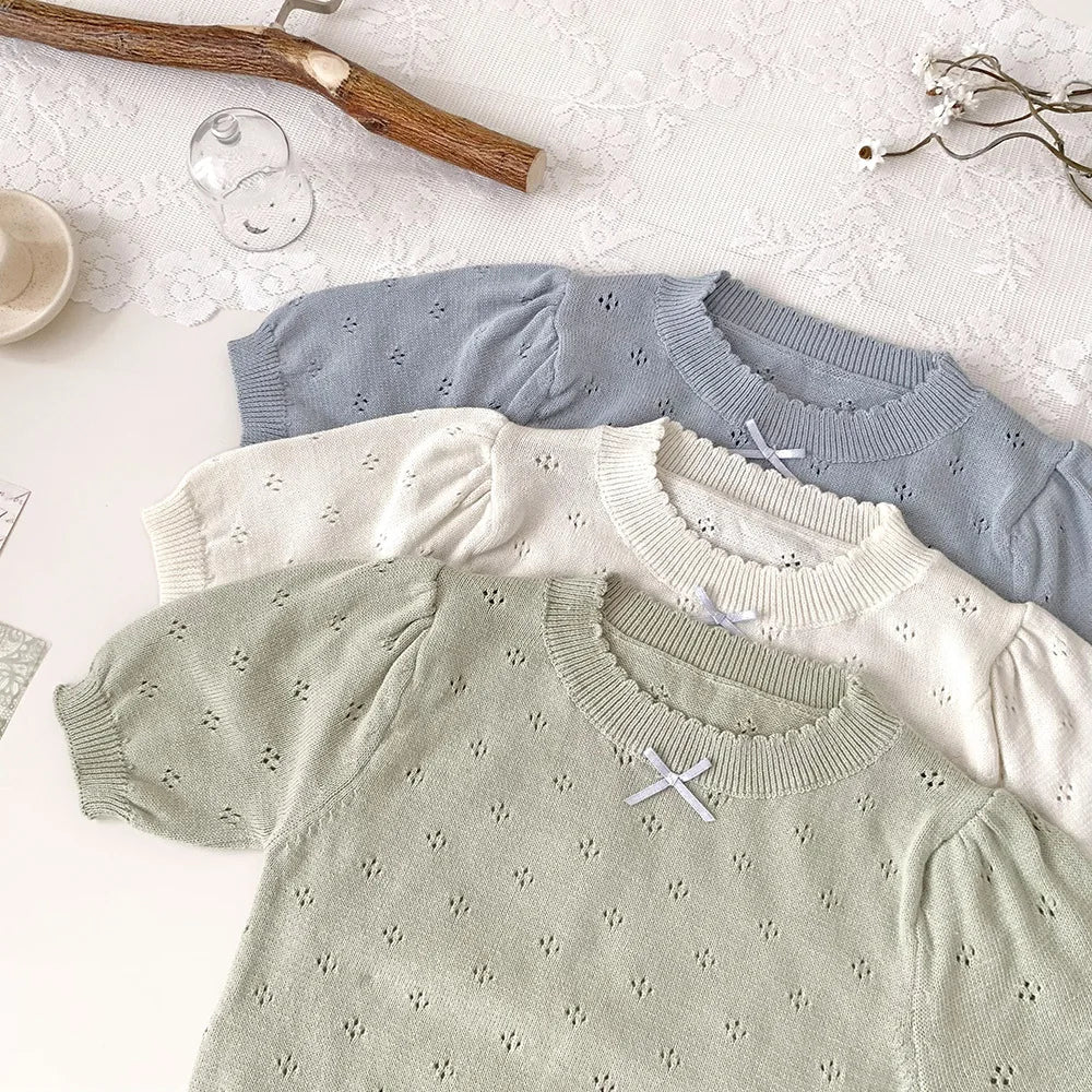 -ベビーキッズトップス レースニット 半袖パフスリーブ サマーセーター リボン 3カラー - mamahalo shop - 半袖Tシャツ -  べビー服 - 子供服 - 男の子 - 女の子