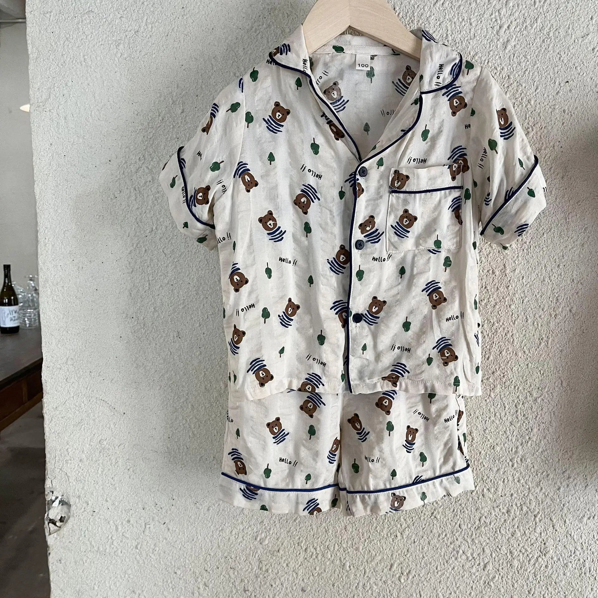 -キッズパジャマセット 半袖シャツ+ハーフパンツ ベアくま/フルーツプリント 2カラー - mamahalo shop - 半袖パジャマ -  べビー服 - 子供服 - 男の子 - 女の子