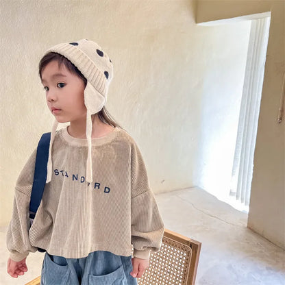 -キッズ レターロゴ コーデュロイ スウェット 長袖 Tシャツ - mamahalo shop - 長袖Tシャツ -  べビー服 - 子供服 - 男の子 - 女の子